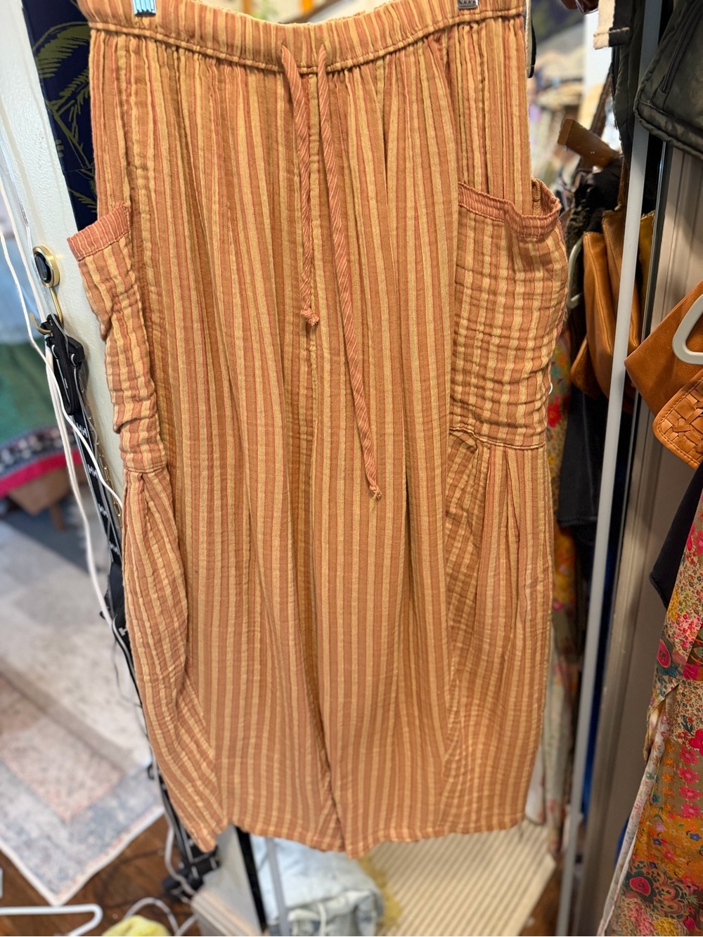 Free People Striped Drawstring Wide-Leg Pants in Rust and Cream